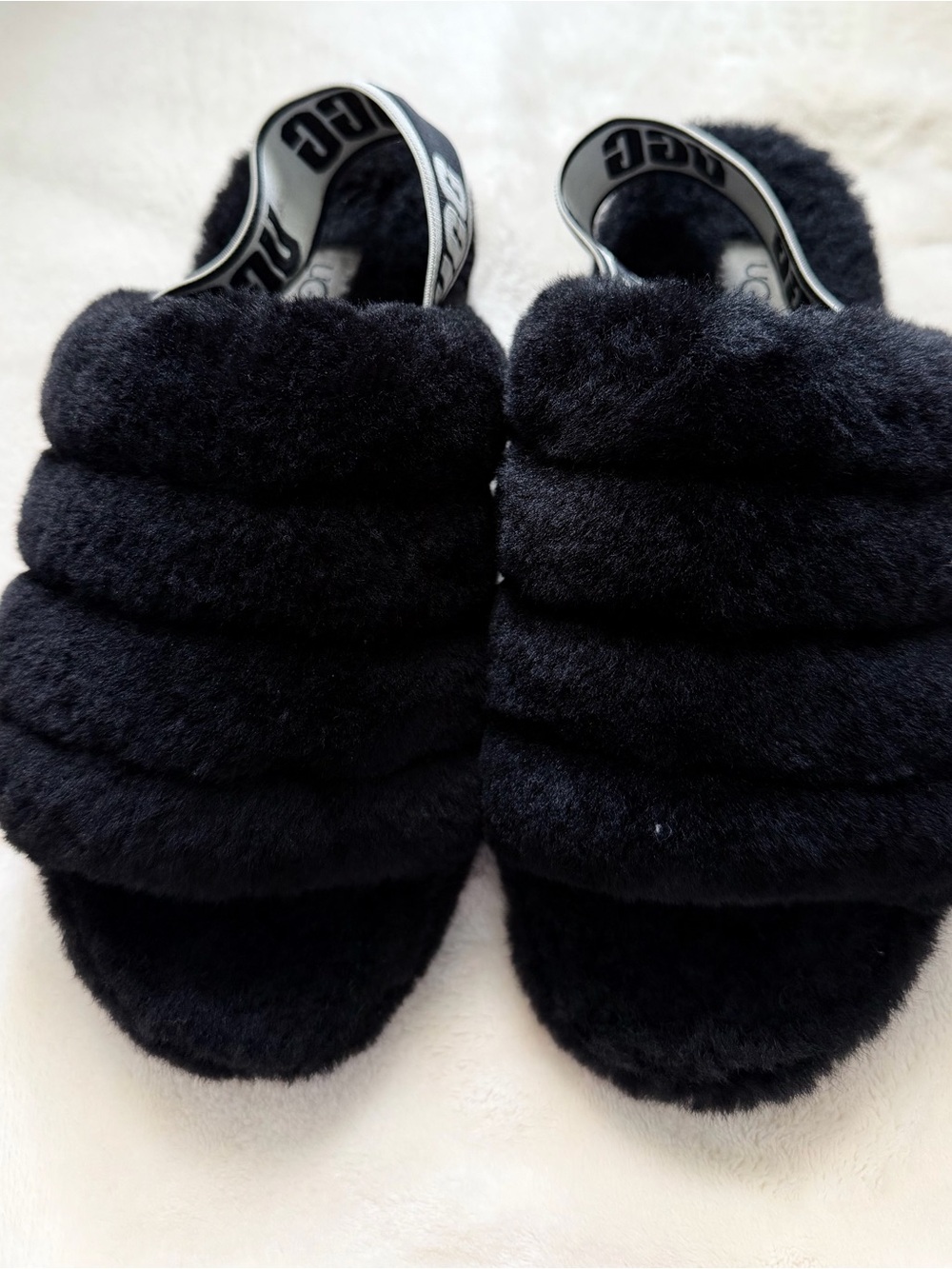 UGG Black Plush Puffy Slide with Logo Slingback